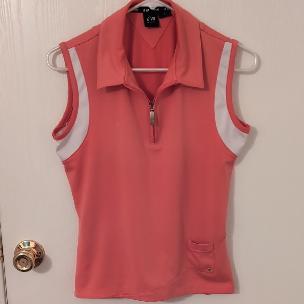 Vibrant Coral and White Sleeveless Golf Zip Top